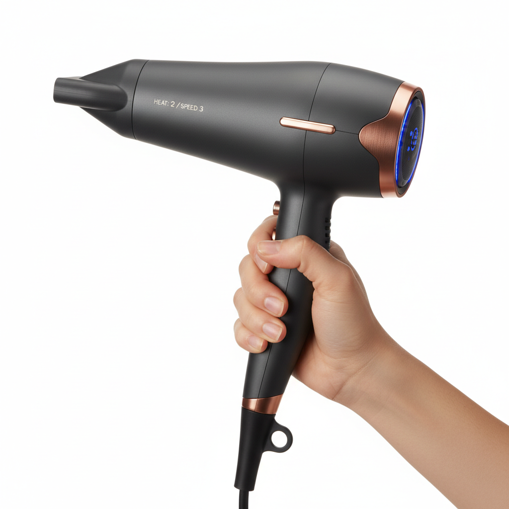 Hair dryer lifestyle shot showing ergonomic grip