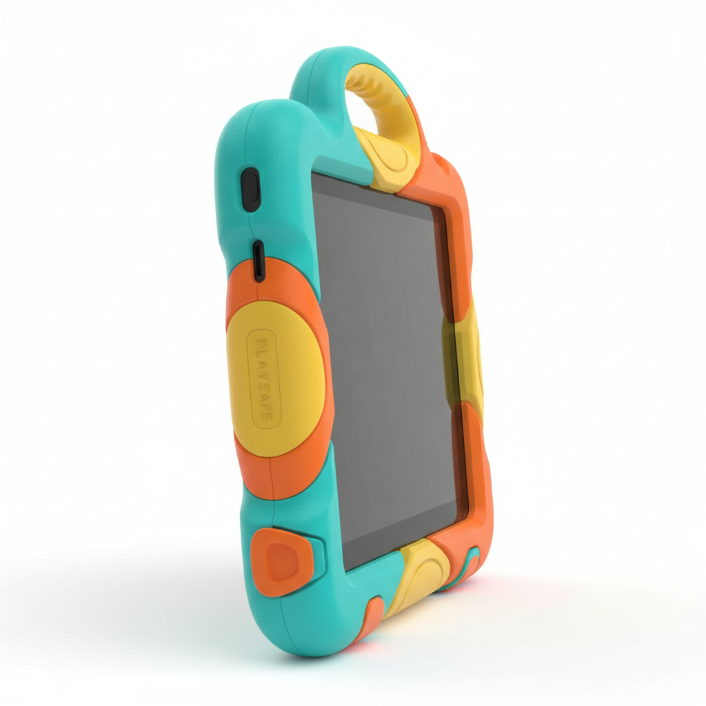 Tablet side view showing protective bumper