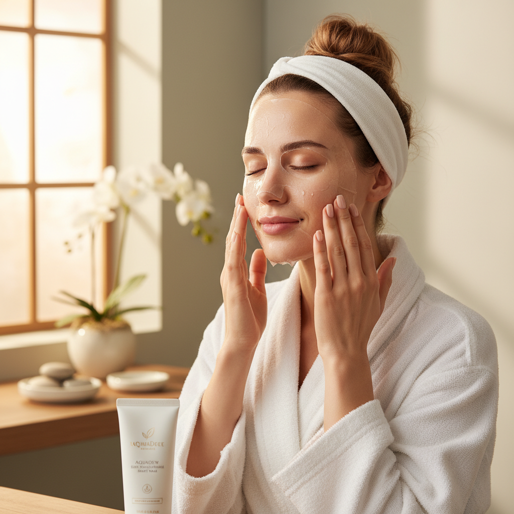 Woman applying sheet face mask