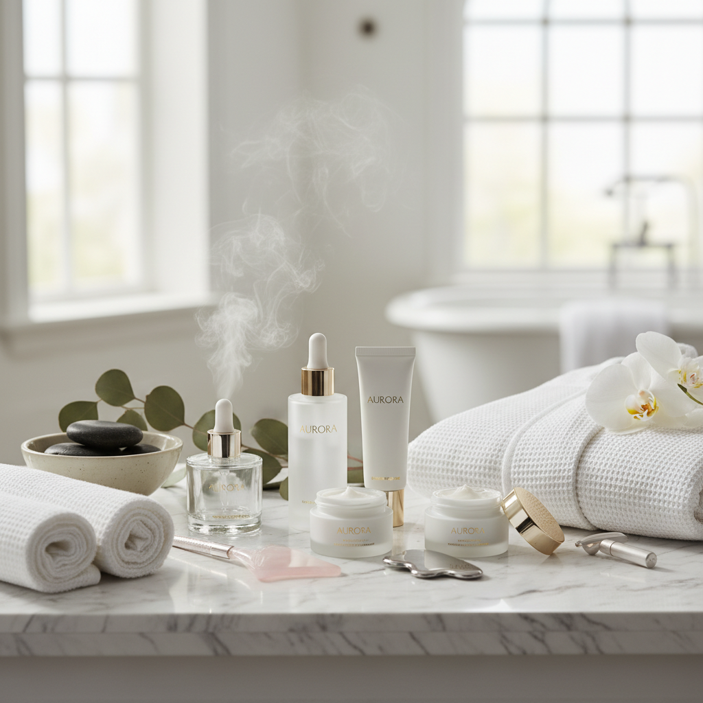 Skincare set on marble with spa accessories