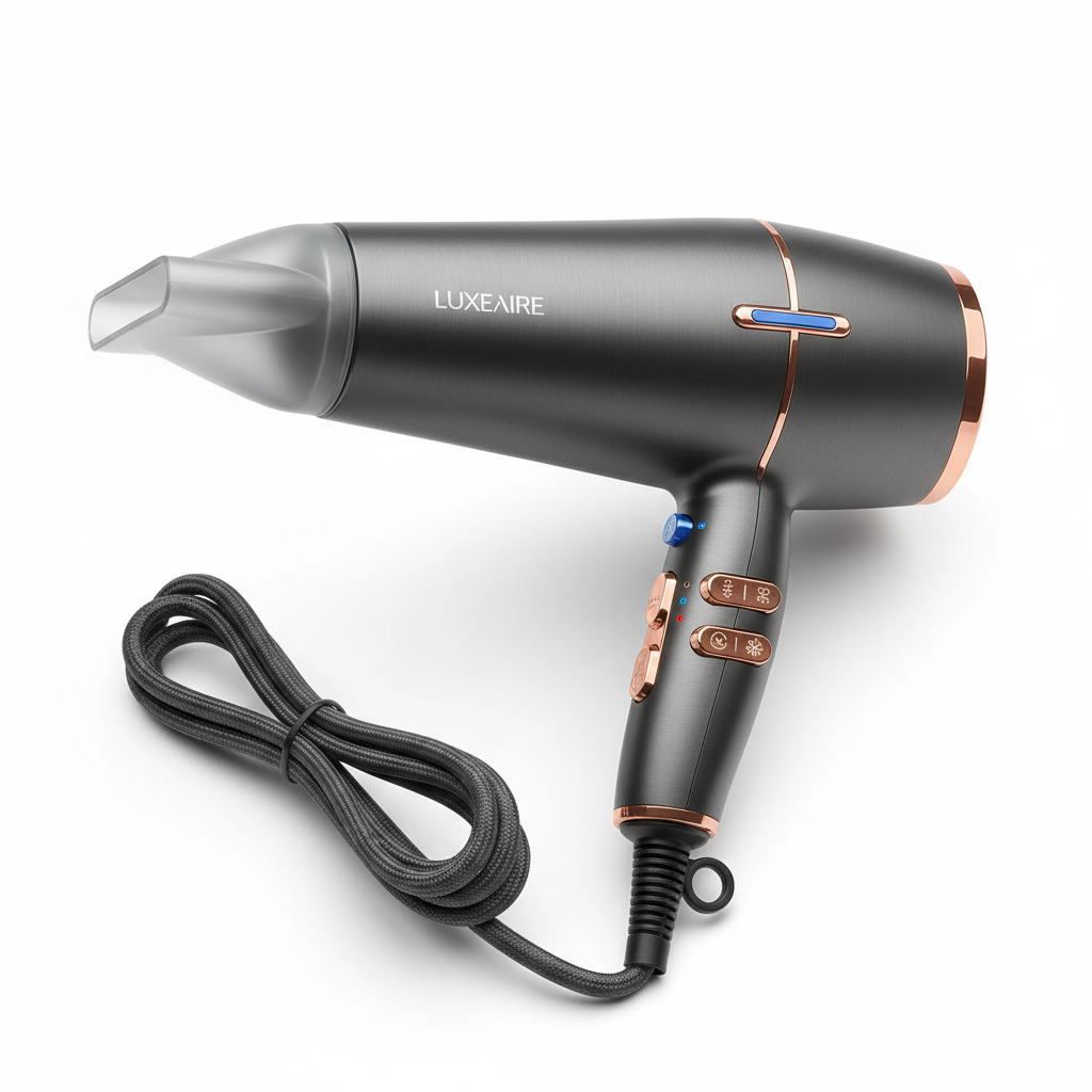 Hair dryer detail shot showing nozzle and controls